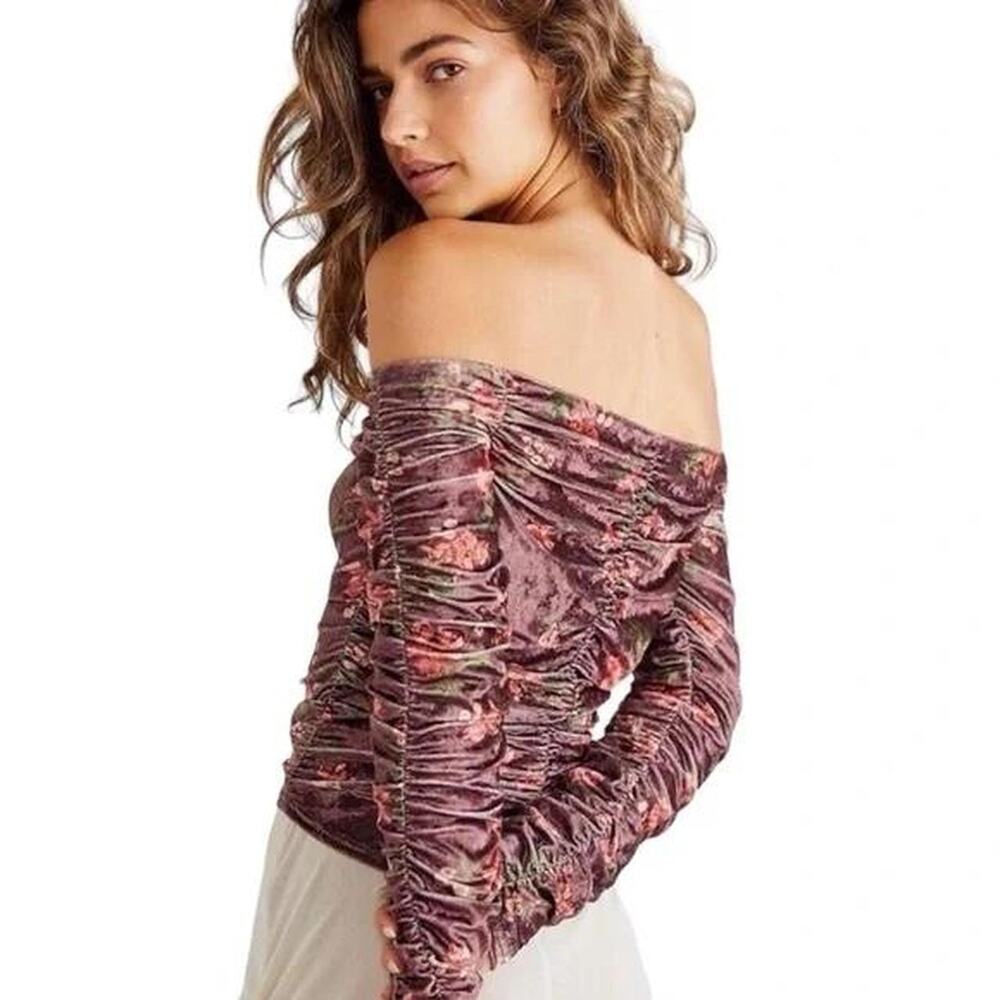 Velvet off shoulder floral blouse